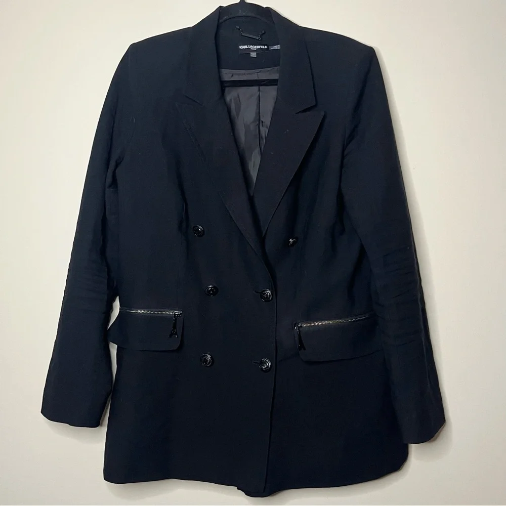 KARL LAGERFELD Zip Pocket Dark Academia Preppy Double Breasted Longlined Blazer - Picture 5 of 12